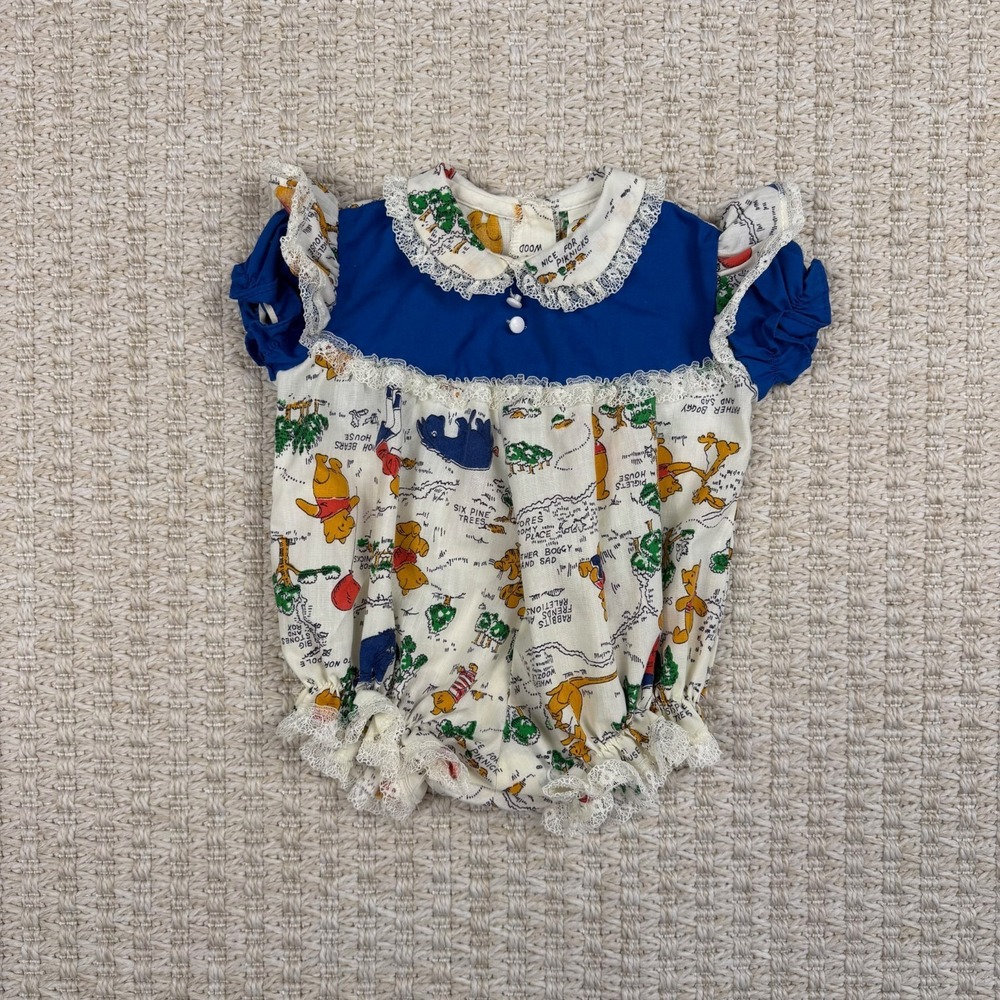 VTG Sears Winnie The Pooh Baby Romper Newborn Disney Lace Bubble 70s Cottagecore